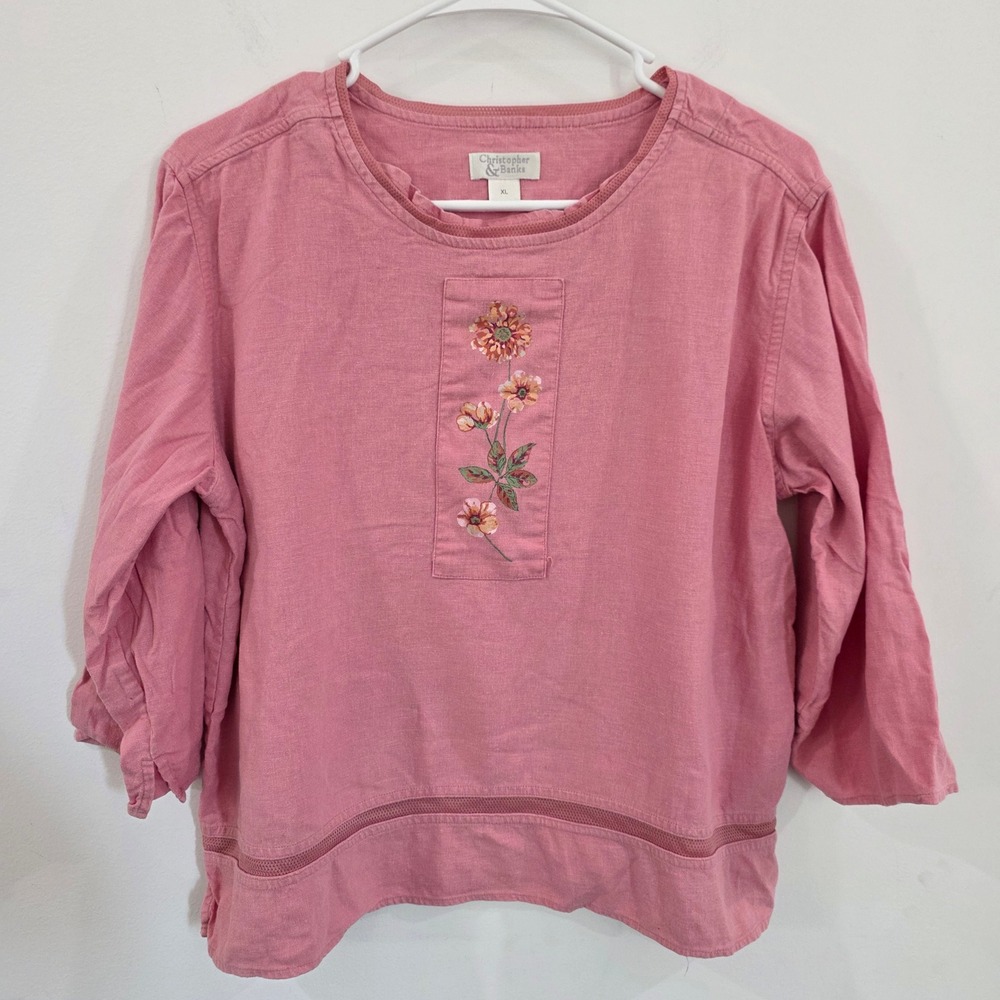 Christopher Banks Womens Linen Floral Top Size XL Pink Cottage Garden 3/4 Sleeve